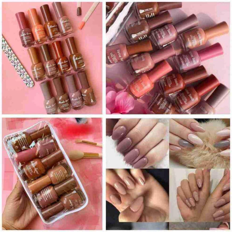 Nude Long Lasting Nail Polish, Pack of 12 with bag