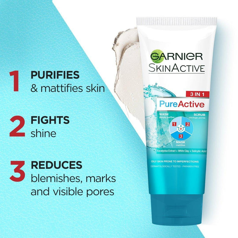 Garnier Whitening Pure Active 3 in 1 Face Wash – 100ml (1 Pc)