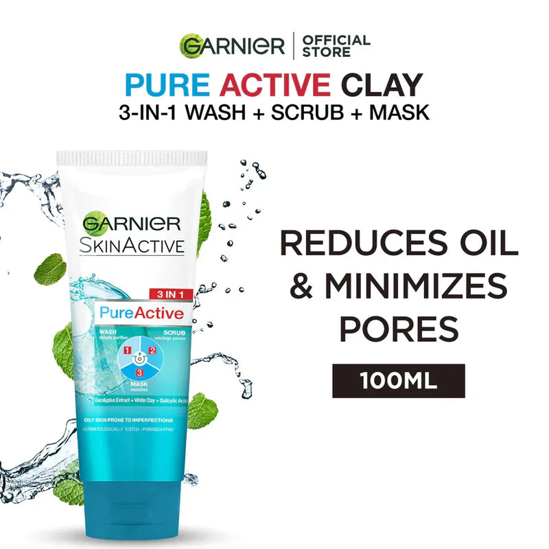 Garnier Whitening Pure Active 3 in 1 Face Wash – 100ml (1 Pc)