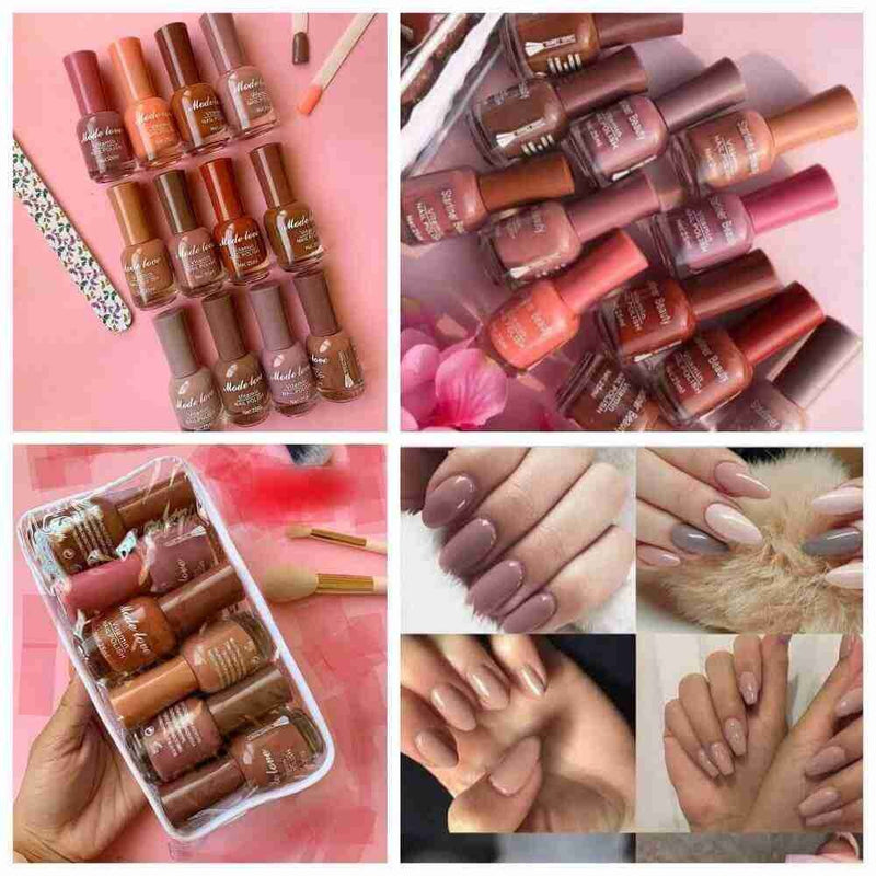 Nude Long Lasting Nail Polish, Pack of 12 with bag